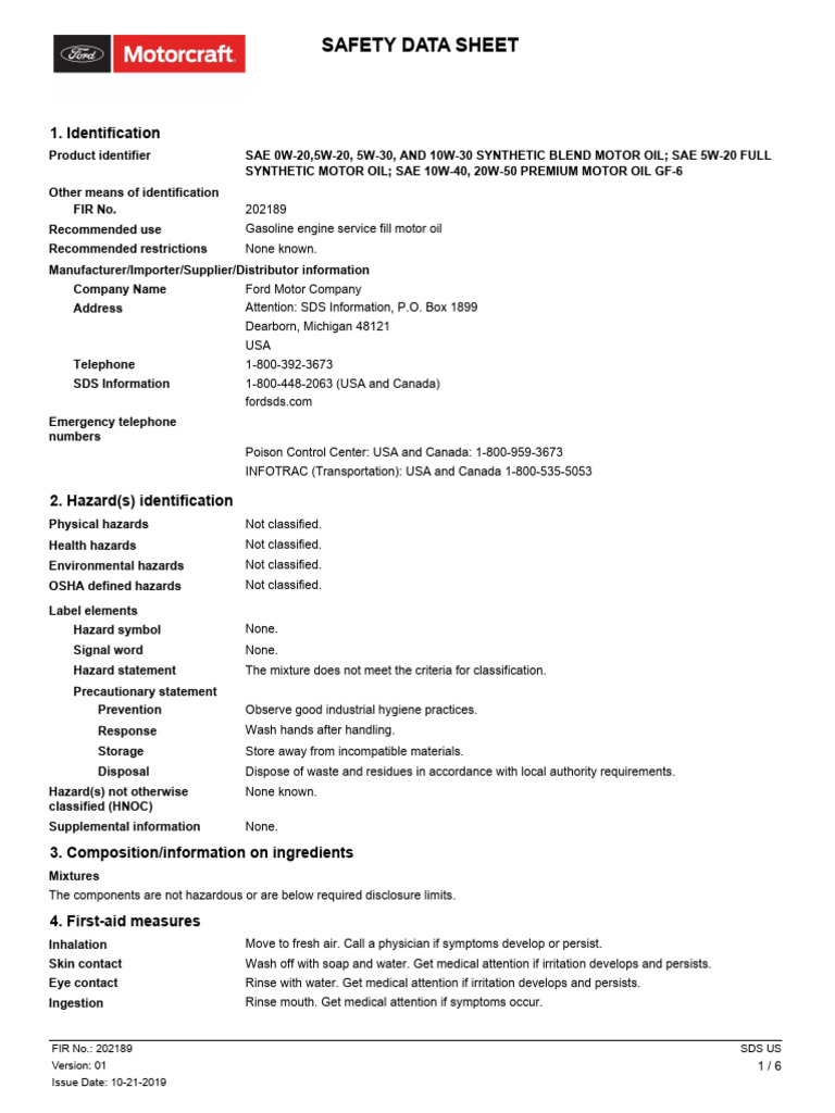 Ford Motor Oil Safety Data Sheet | PDF | Firefighting | Personal ...