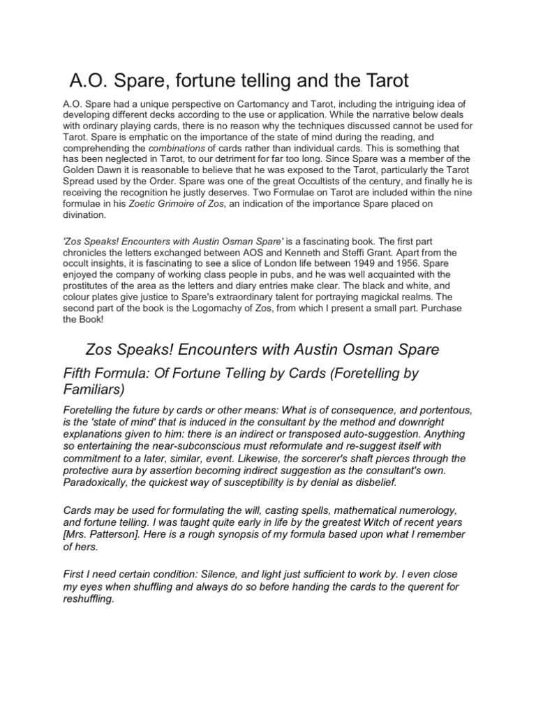 Zos Speaks! Encounters with Austin Osman Spare: Fifth Formula: Of ...