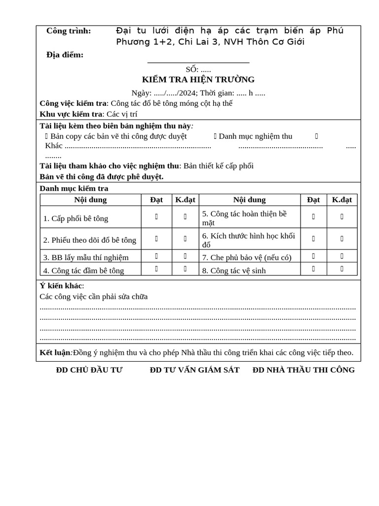 Phieu Kiem Tra CT Be Tong | PDF
