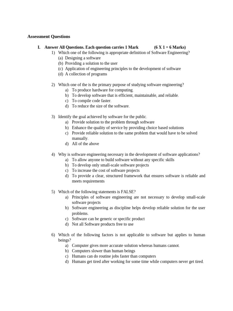 Software Engineering Assessment Questions | PDF | Software Development ...
