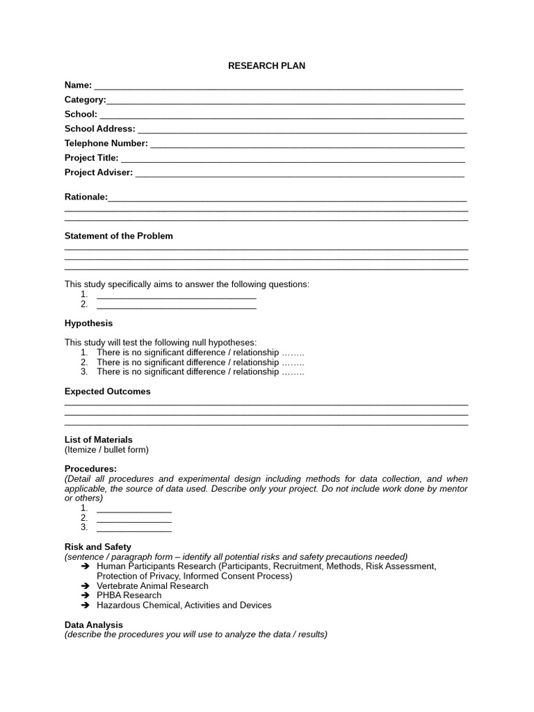 RESEARCH-PLAN-Template | PDF | Hypothesis | Risk