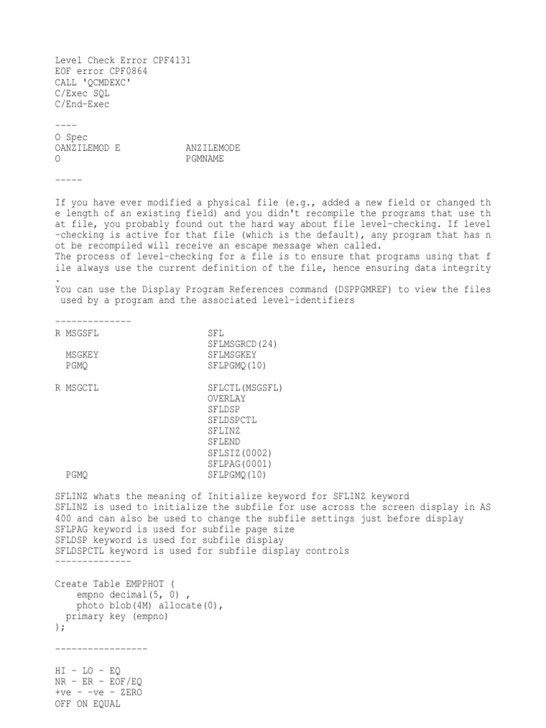 AS400 Level Check Error CPF4131 Guide | PDF | Subroutine | Character ...