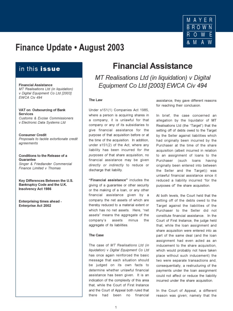Finance Update August 2003 Financial Assistance PDF United