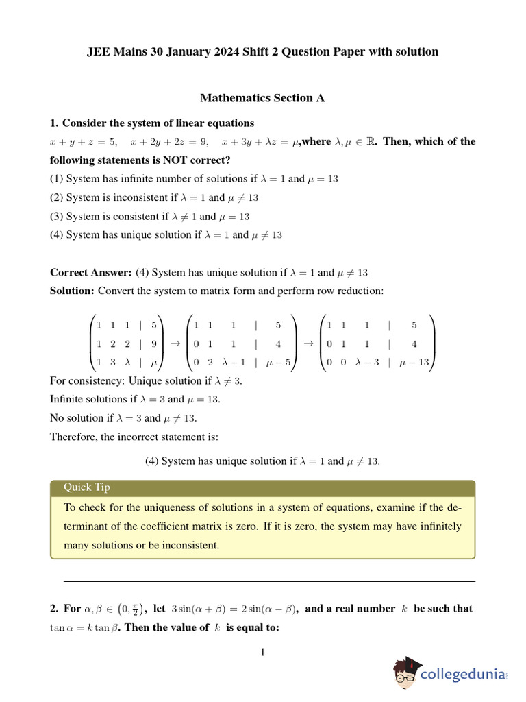 JEE Mains 30 January 2024 Shift 2 Question Paper With Solution | PDF ...