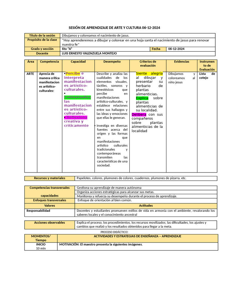 Sesión de Aprendizaje de Arte y Cultura 06 12 24 | PDF | Enseñando ...
