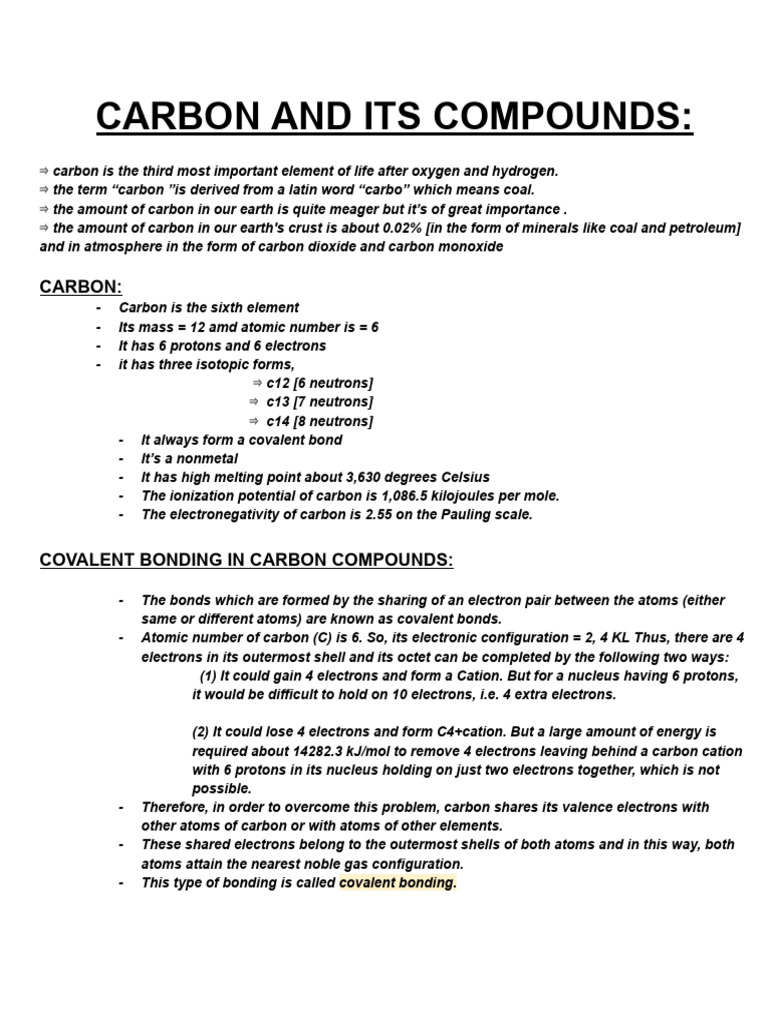 Carbon And Its Compound Notes Pdf Alkene Alkane