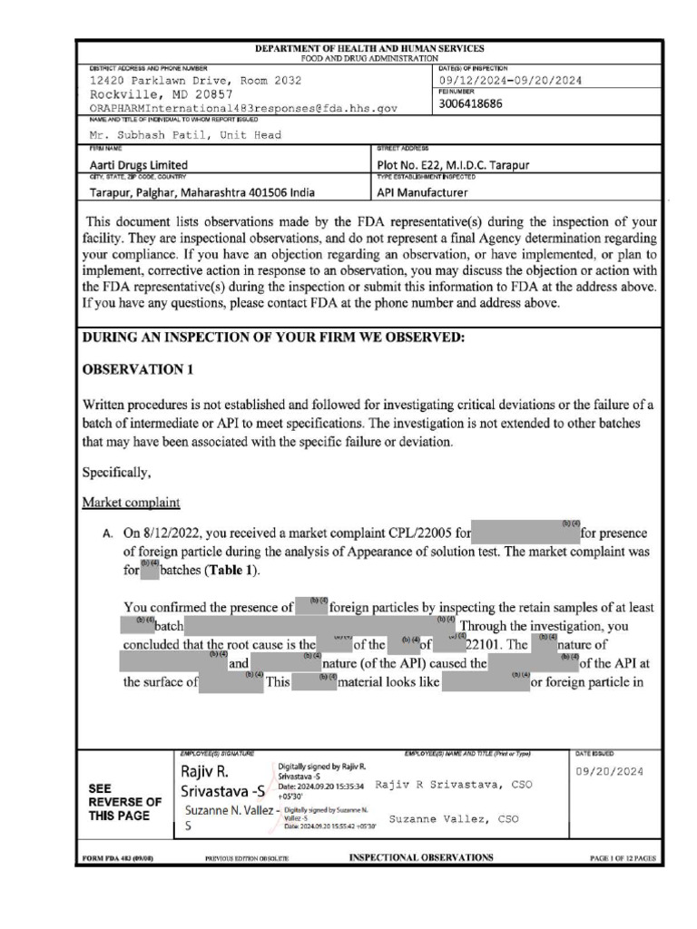 FDA Inspection Observations Report | PDF | United States Department Of ...