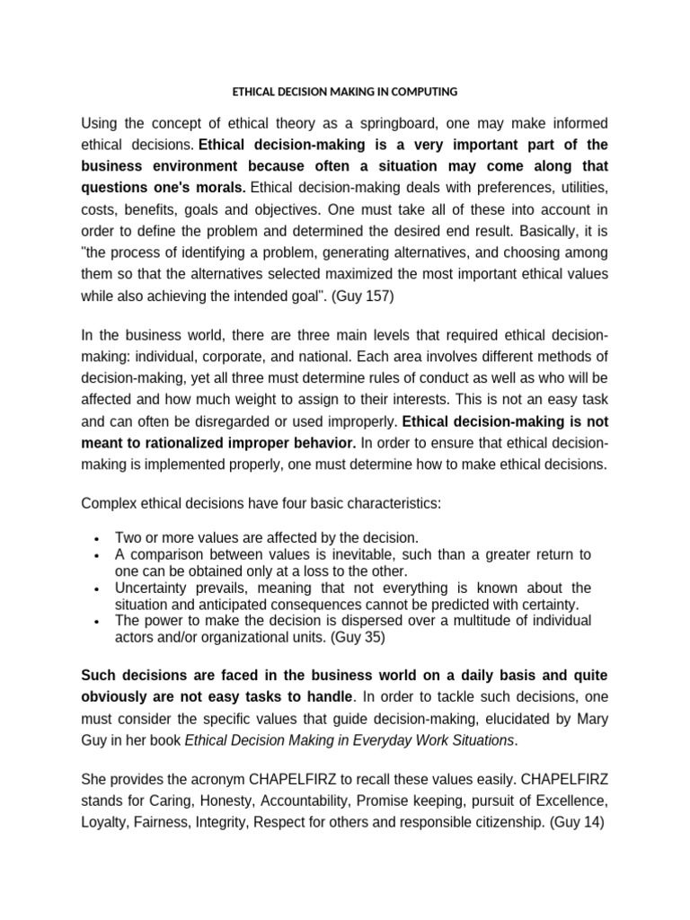 Ethical Decision Making Pdf Decision Making Rationality
