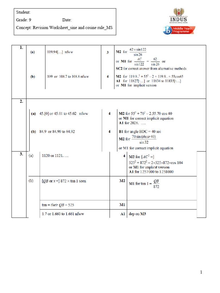 Sine and Cosine Rule Revision Worksheet | PDF