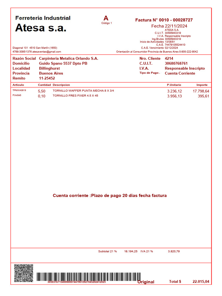 Atesa A-00010-00028727 (Oc-3114) | PDF | Impuestos | Ventas