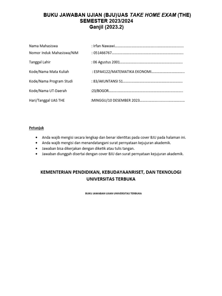Panduan Ujian Mahasiswa UT | PDF
