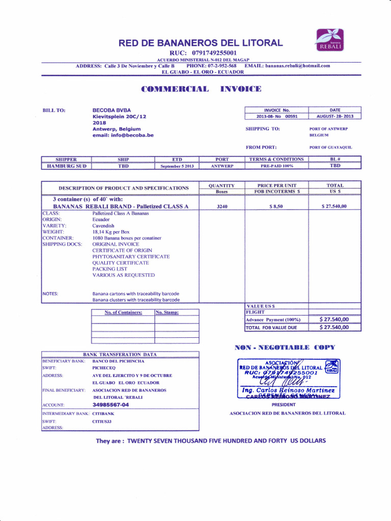 Invoice for Banana Shipment to Belgium | PDF