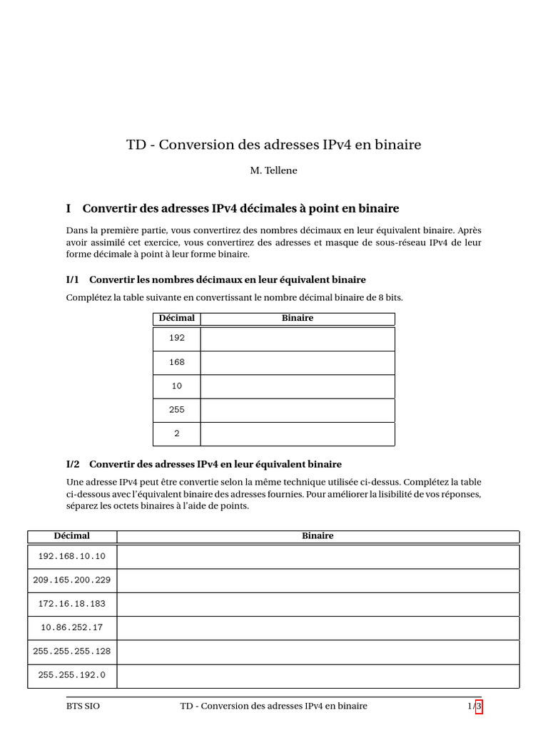 Conversion des adresses IPv4 en binaire | PDF | Adresse IP ...