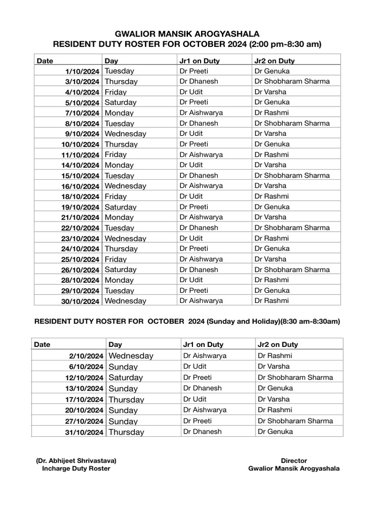 October 2024 Duty Roster | PDF