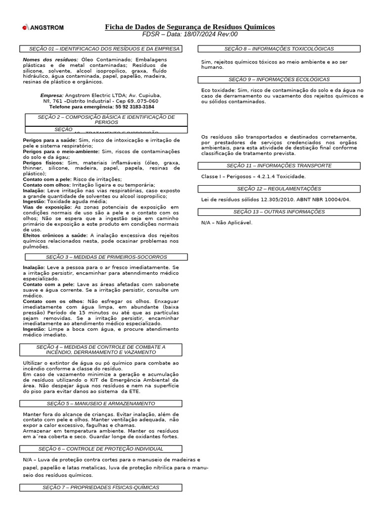 Ficha de Segurança de Resíduos Químicos | PDF | Desperdício | Química