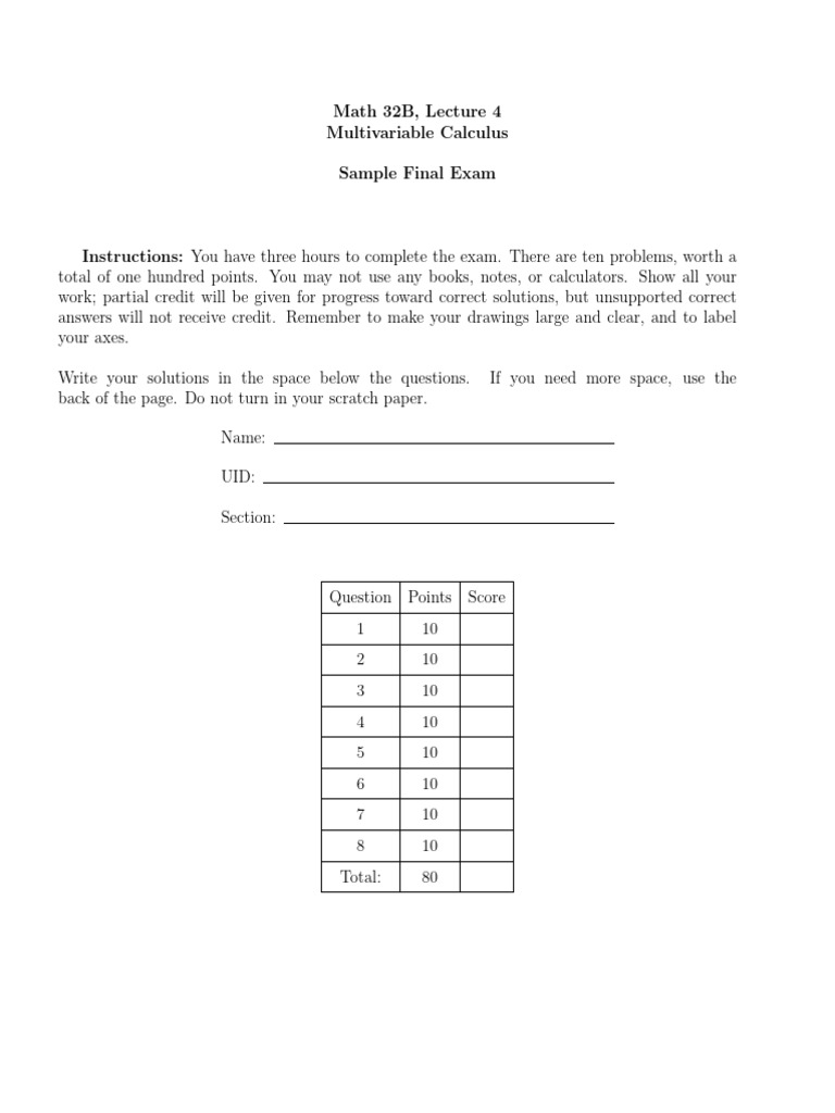 Math 32B Sample Final Exam | PDF | Flux | Mathematical Analysis