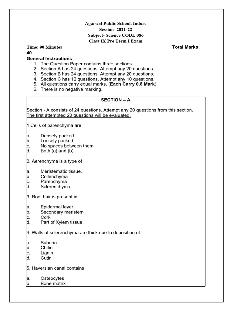 Class IX Science Pre Term Exam Paper | PDF | Acceleration | Cell (Biology)