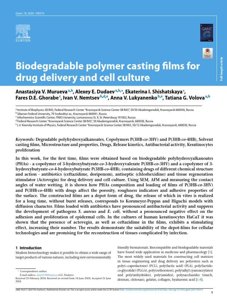 Biodegradable Films for Drug Delivery | PDF | Tissue Engineering | Polymers