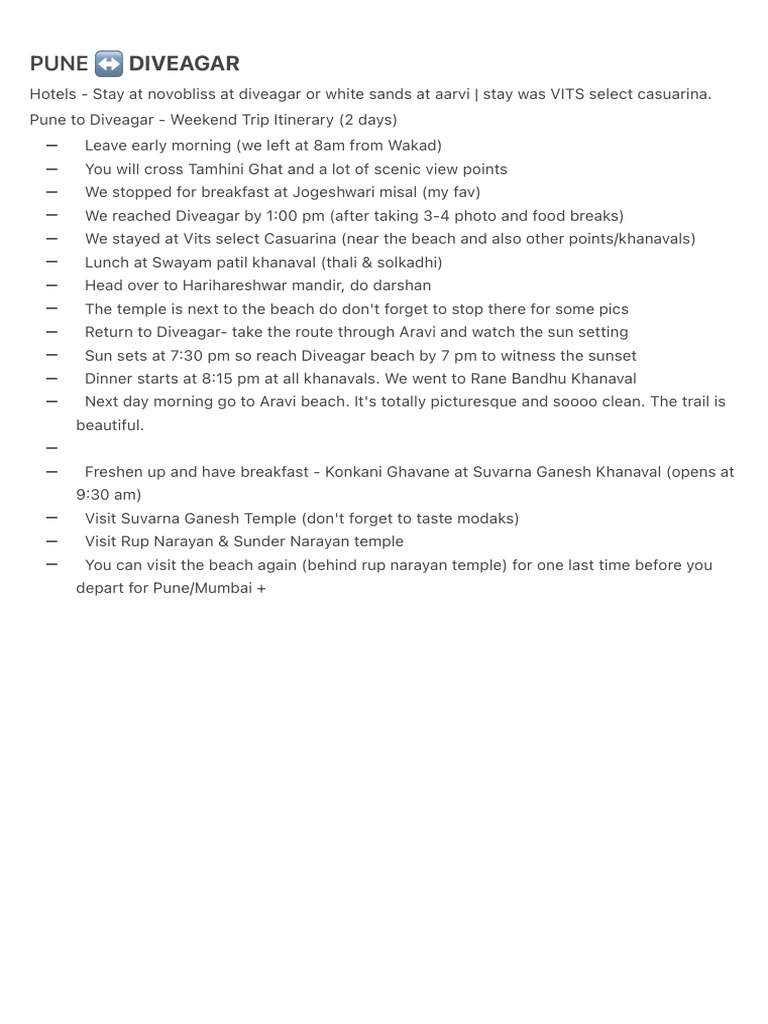 Pune to Diveagar Weekend Itinerary | PDF