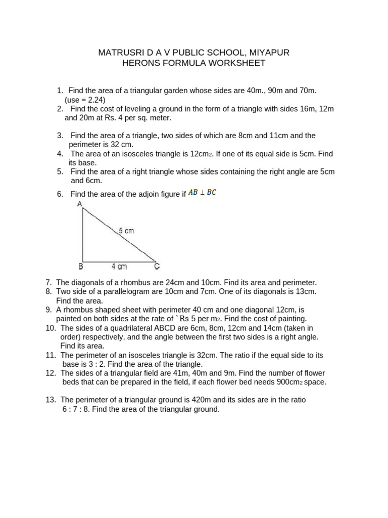 herons formula worksheet PDF Area Triangle