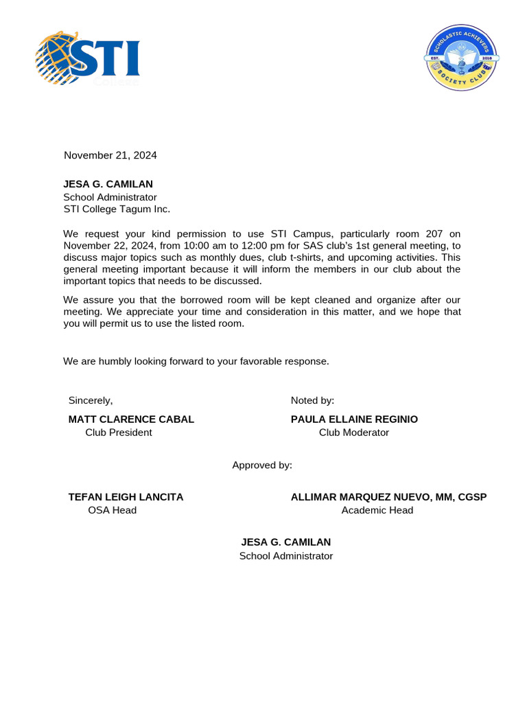 Request to Use STI Campus Room 207 | PDF
