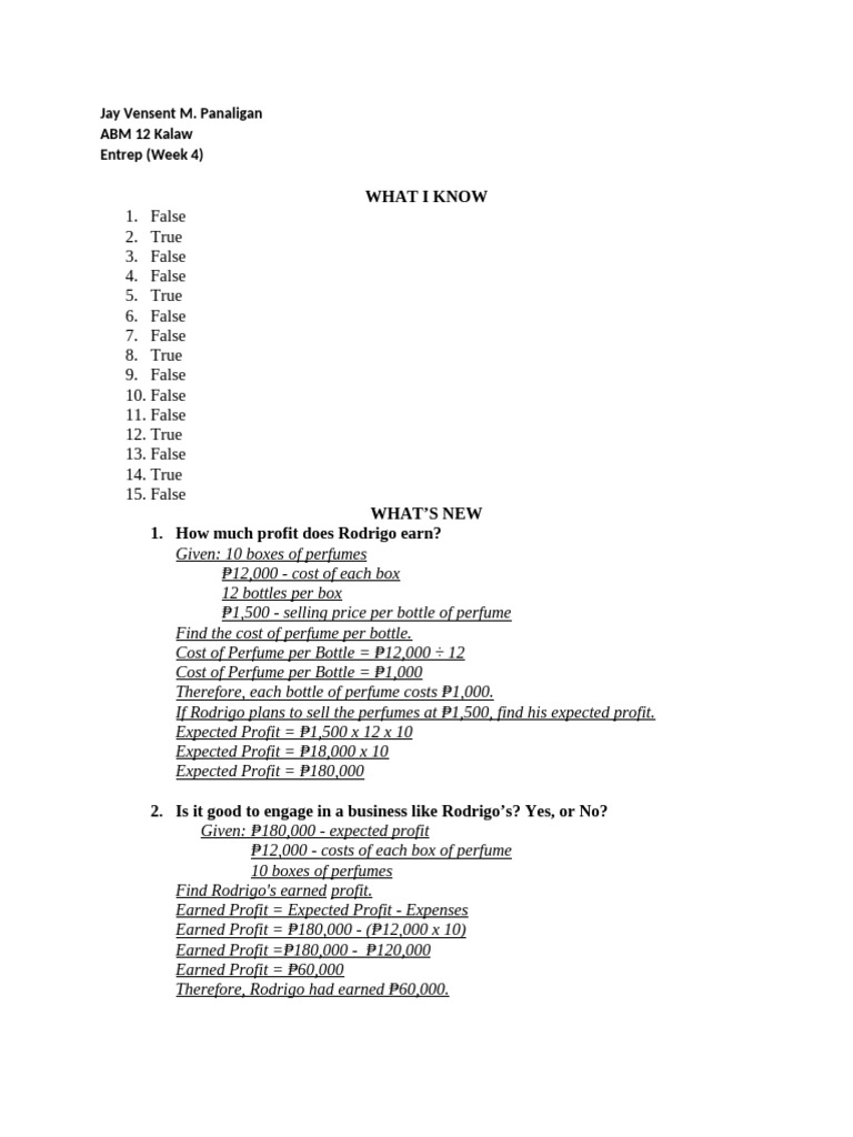 Entrep Wk4Q4 | PDF | Entrepreneurship | Profit (Economics)