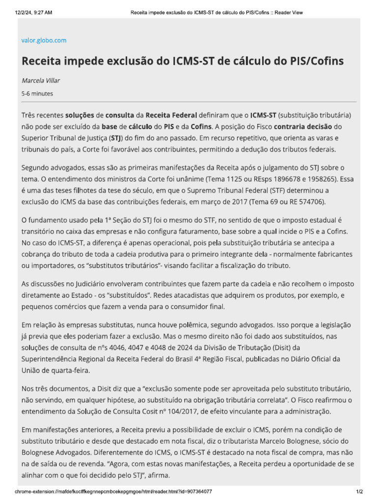 Receita Impede Exclusão Do ICMS-ST de Cálculo Do PIS - Cofins - Reader ...