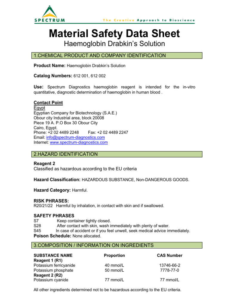 Haemoglobin Drabkin’s Solution MSDS | PDF | Dangerous Goods | Firefighting