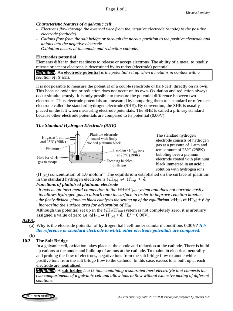 A-Level Electrochemistry Notes 2019-2020 | PDF | Anode | Redox