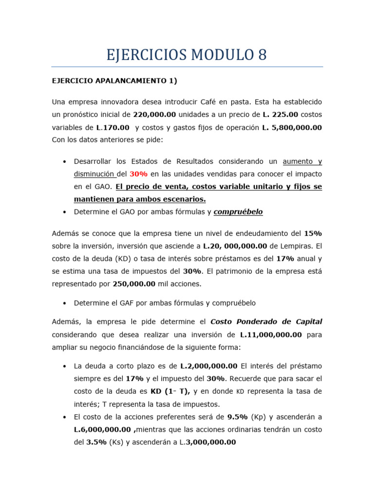 Ejercicio Apalancamiento y Costo de Capital | PDF | Apalancamiento ...