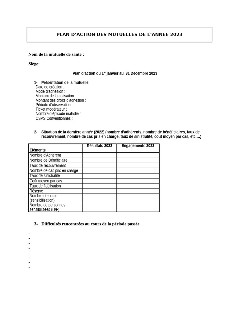 Plan d'Action 2023 des Mutuelles | PDF