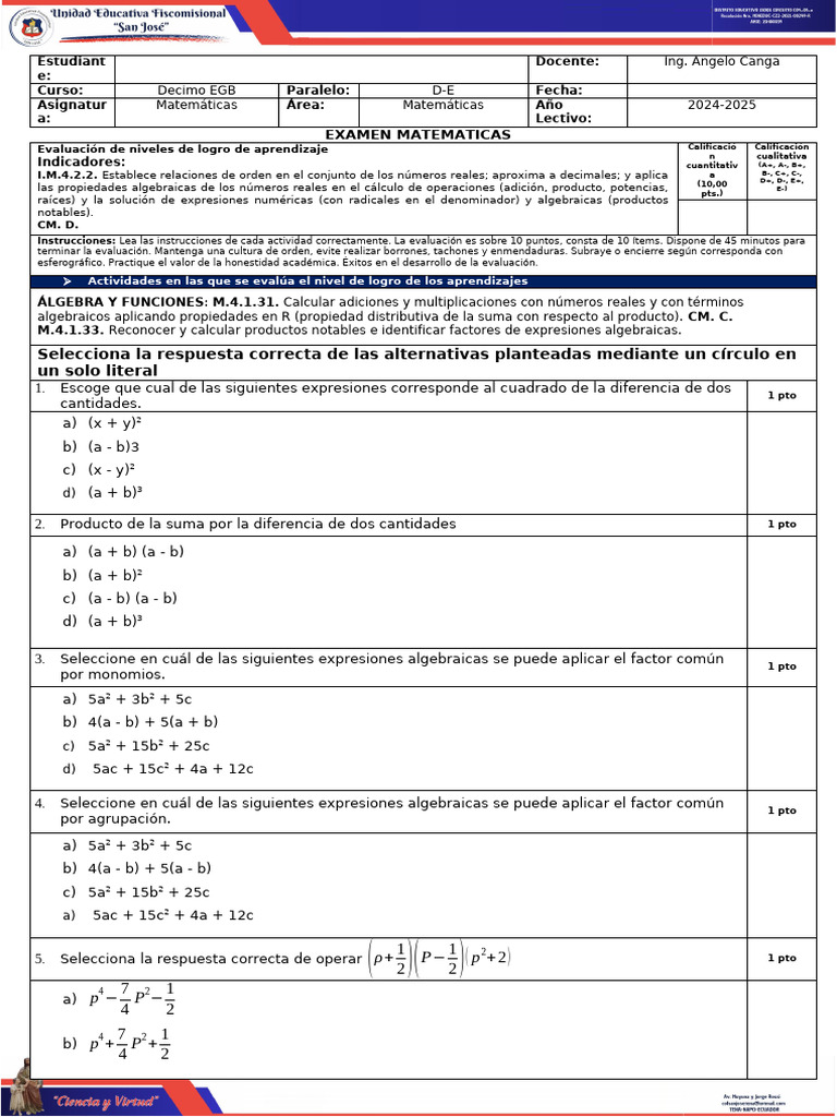 Evaluacion Primer Trimestre - Matematicas - 10mo B y C | PDF | Número ...