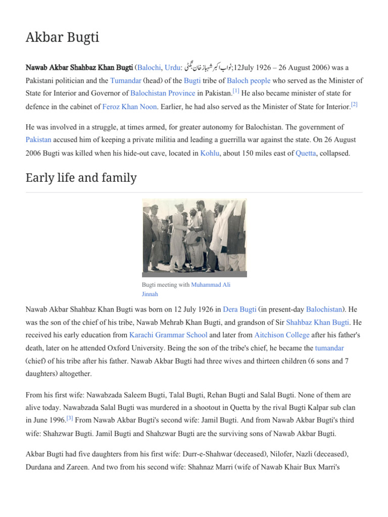 Akbar Bugti - Wikipedia | PDF | Pakistan | Government Of Pakistan