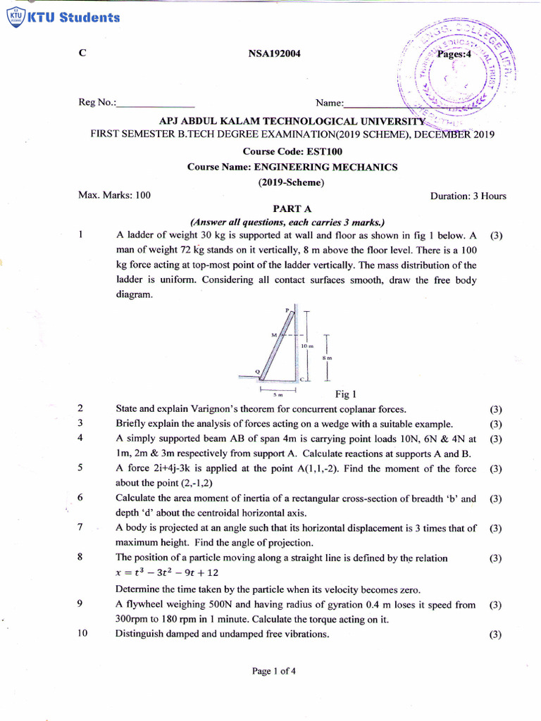 Engineering Mechanics Exam Paper 2019 | PDF | Acceleration | Force