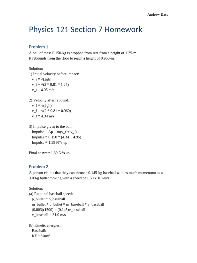 General Physics Section 7 HW Oxnard College | PDF | Collision | Quantity