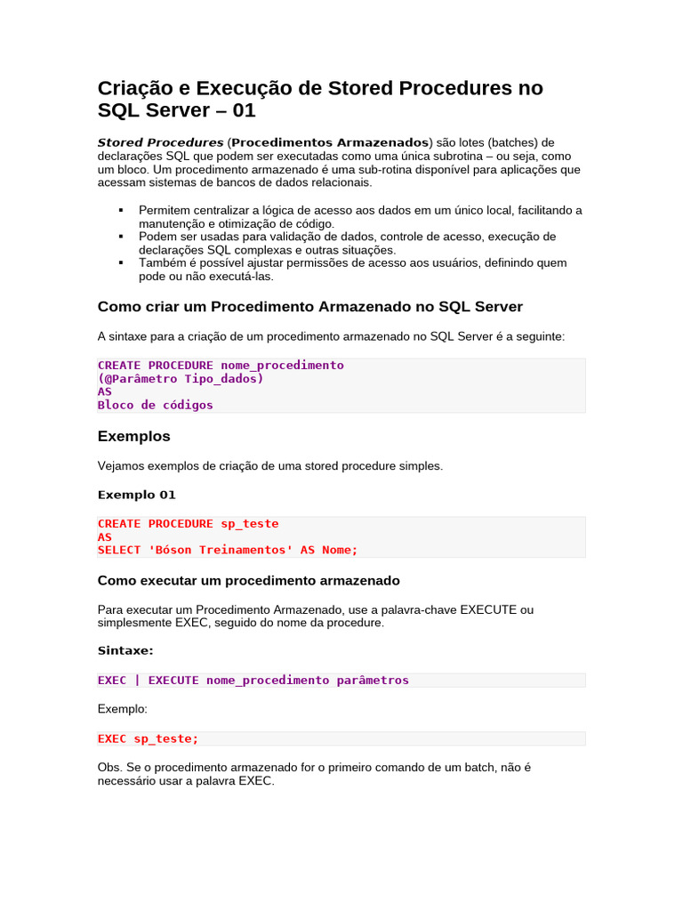 Criação de Stored Procedures no SQL Server | PDF | Gestão de Tecnologia ...