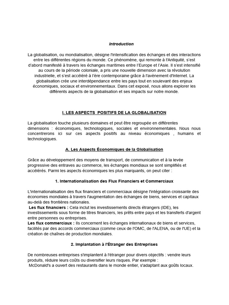 Aspects de la Mondialisation et Impacts | PDF | Globalisation ...
