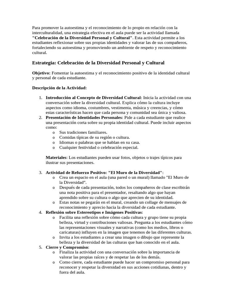 Para Promover La Autoestima y El Reconocimiento de Lo Propio en ...