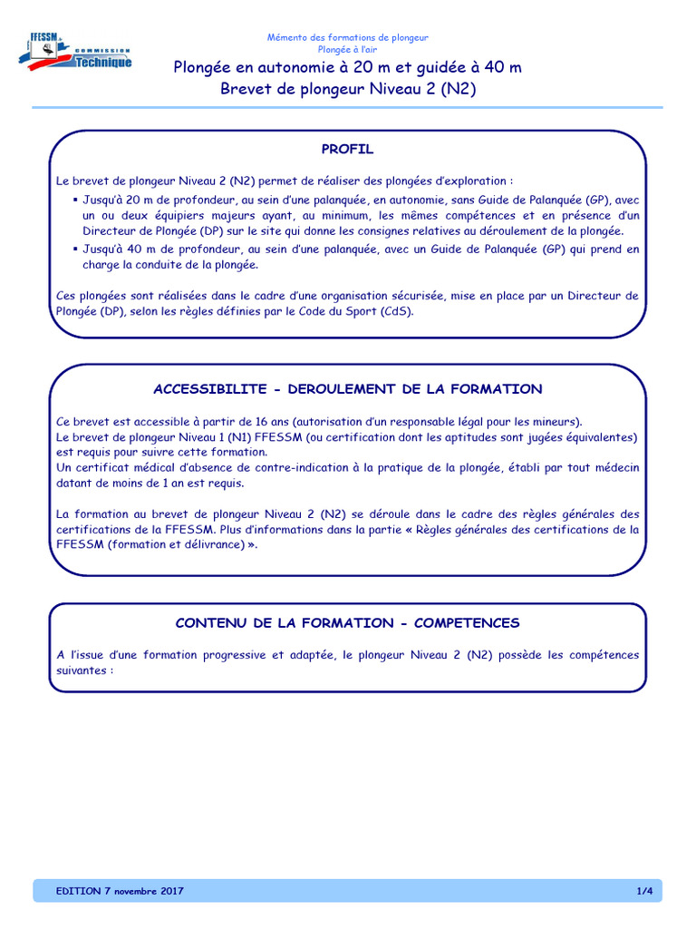 Brevet de Plongeur Niveau 2 (N2) FFESSM | PDF | Plongée en scaphandre ...