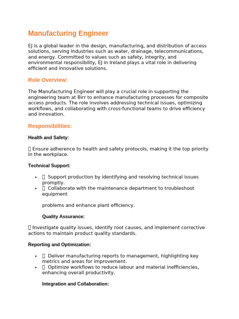 Manufacturing Engineer Role at EJ | PDF | Innovation | Occupational ...