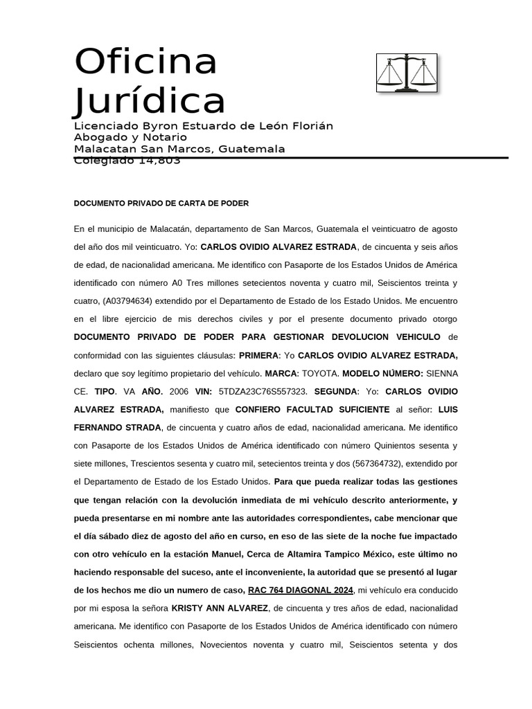 Carta de Poder de Devolucion Vehiculo Carlos Ovidio Alvarez Estrada Y