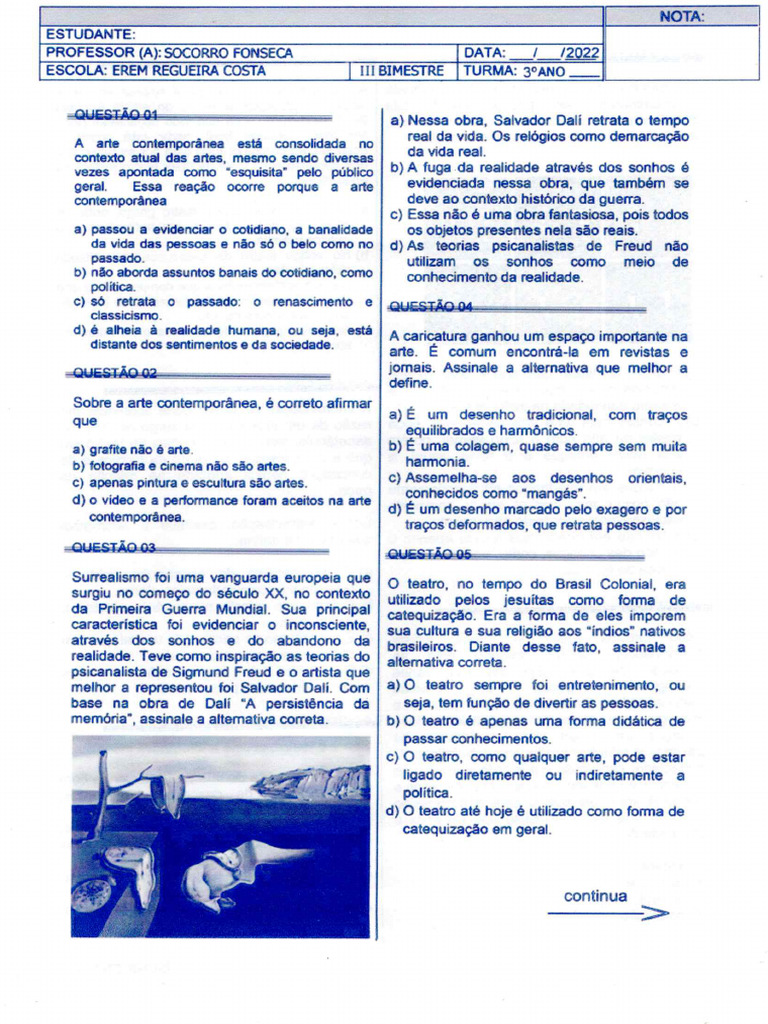 PROVA DE ARTE 3 ANO III UNIDADE | PDF