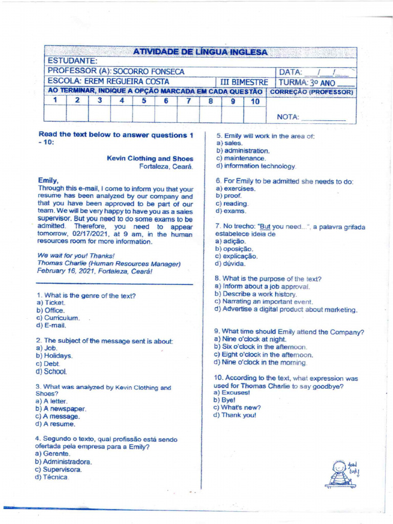 Prova de Ingles 3 Ano Iii Unidade | PDF