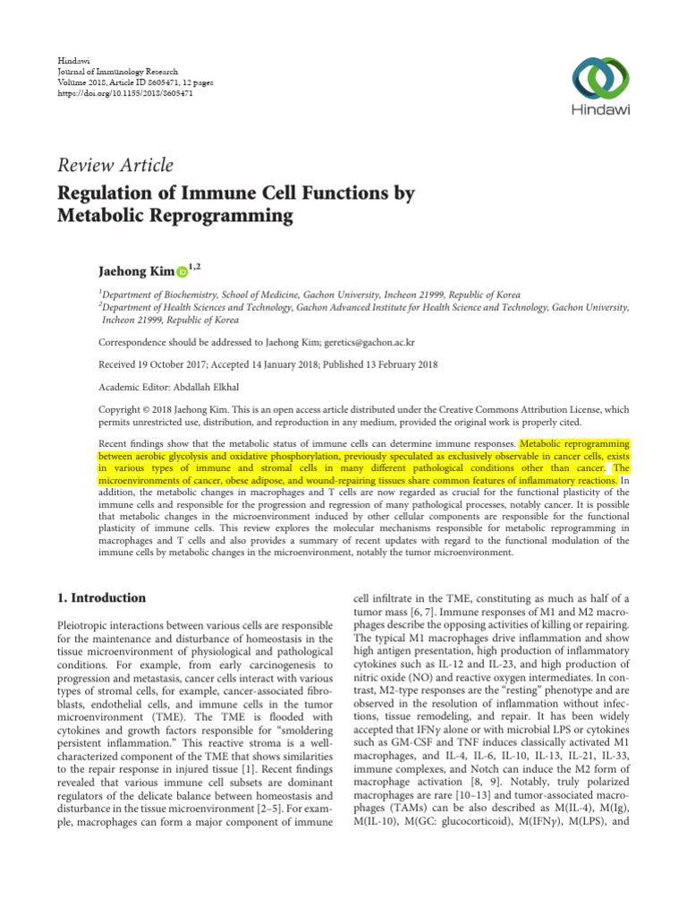 Review Article: Regulation of Immune Cell Functions by Metabolic ...