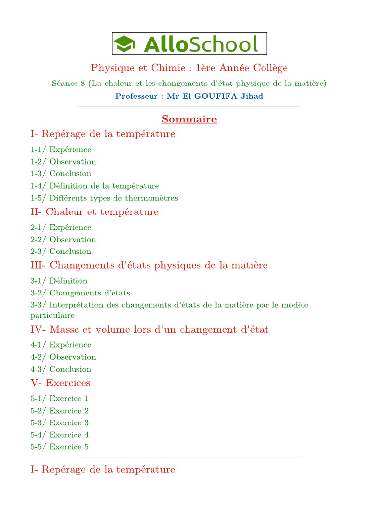 Seance 8 La Chaleur Et Les Changements D Etat Physique de La Matiere 1 ...