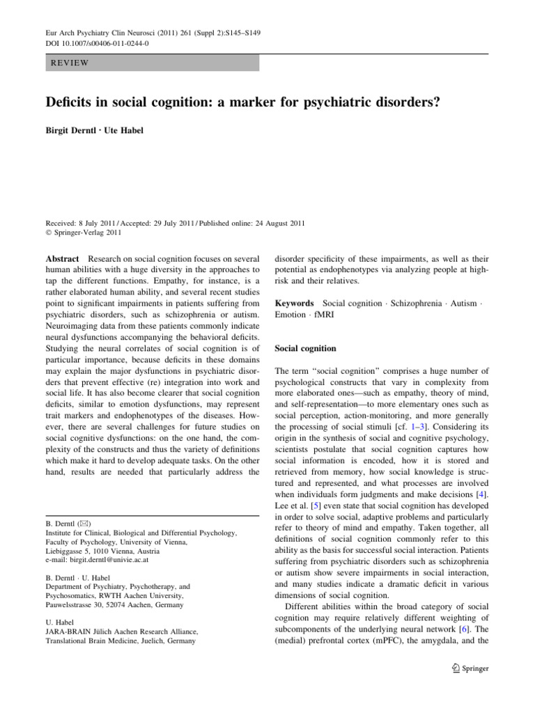 Deficit in Social Cognition A Marker For Psychiatric Disorders | PDF ...