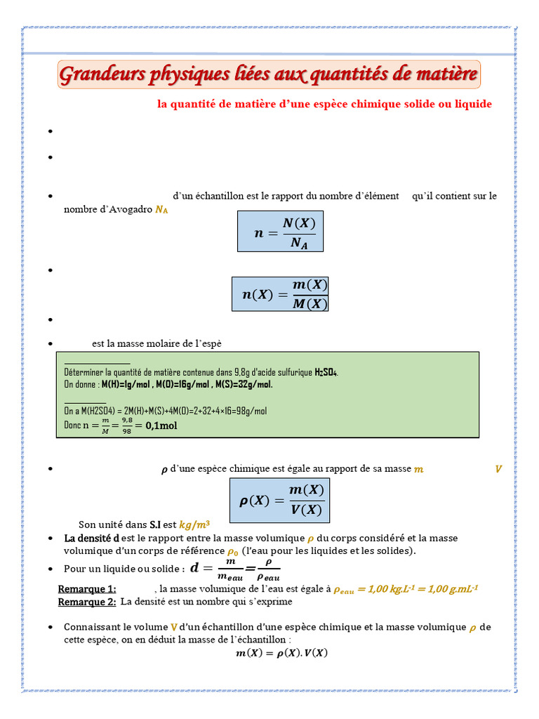 Grandeurs physiques et quantité de matière | PDF | Mole (unité ...