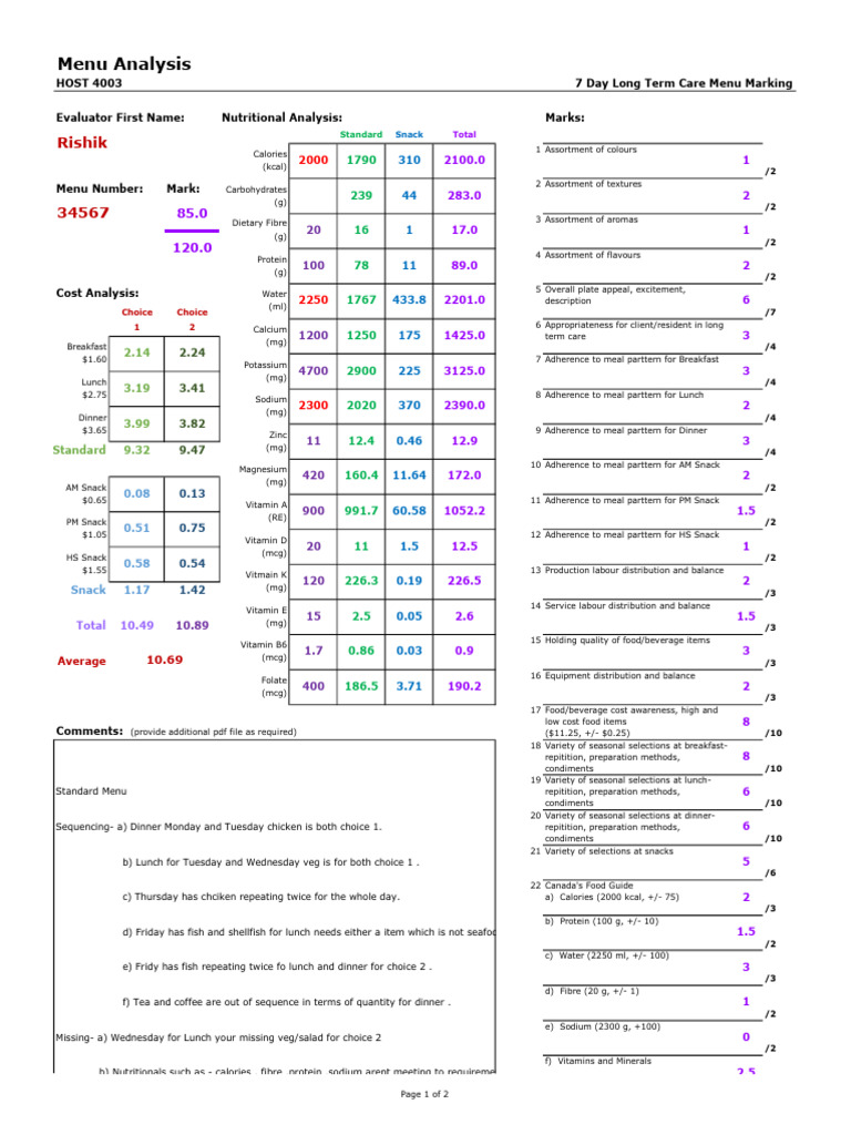 Long Term Care Menu Evaluation Report | PDF | Lunch | Meal