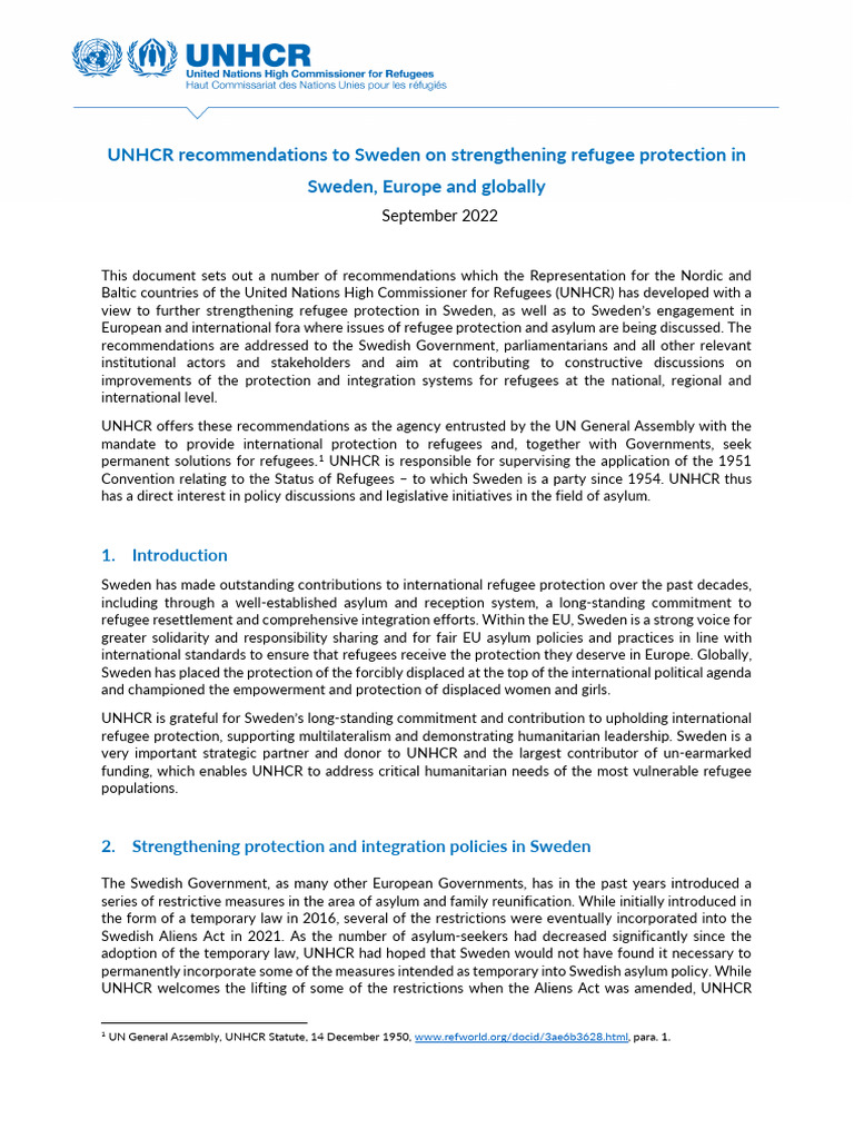 UNHCR Recommendations for Sweden's Refugee Policy | PDF | Refugee ...