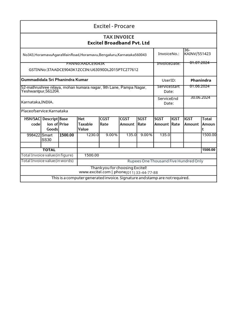 Excitel Procare Tax Invoice Details | PDF